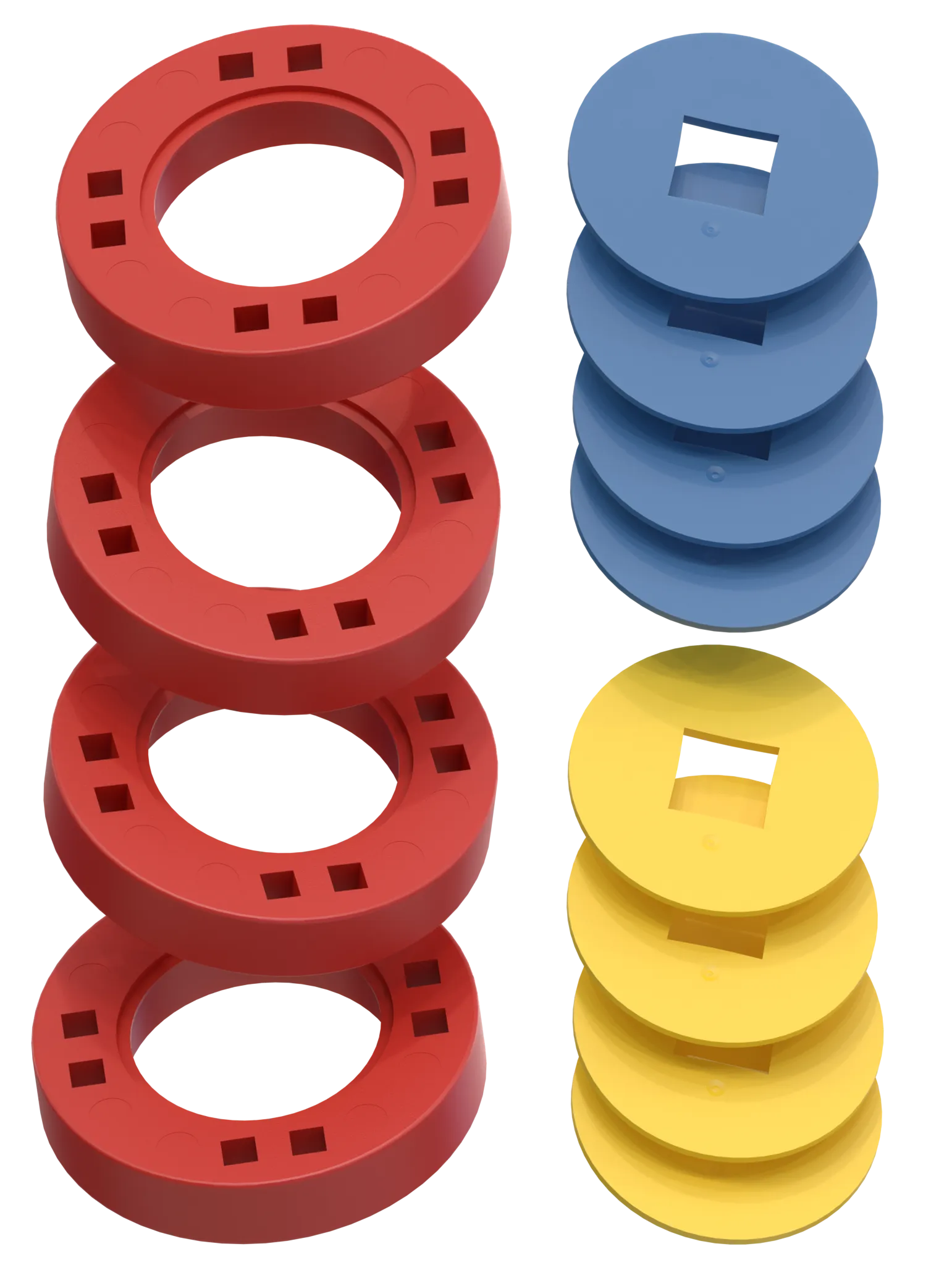 BIG Hjul – 4 Röda hjul med 4 blå och 4 gula navkapslar